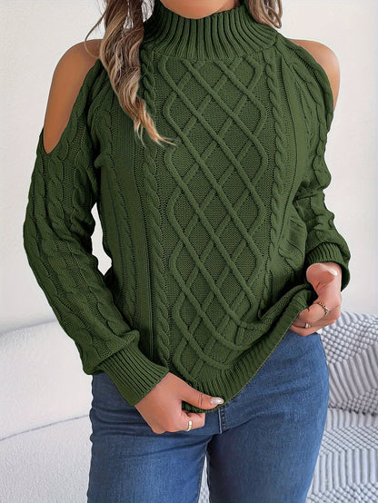 Solid Turtle Neck Cable Knit Sweater, Casual Cold Shoulder Long Sleeve Sweater, Women's Clothing MyFave Boutique