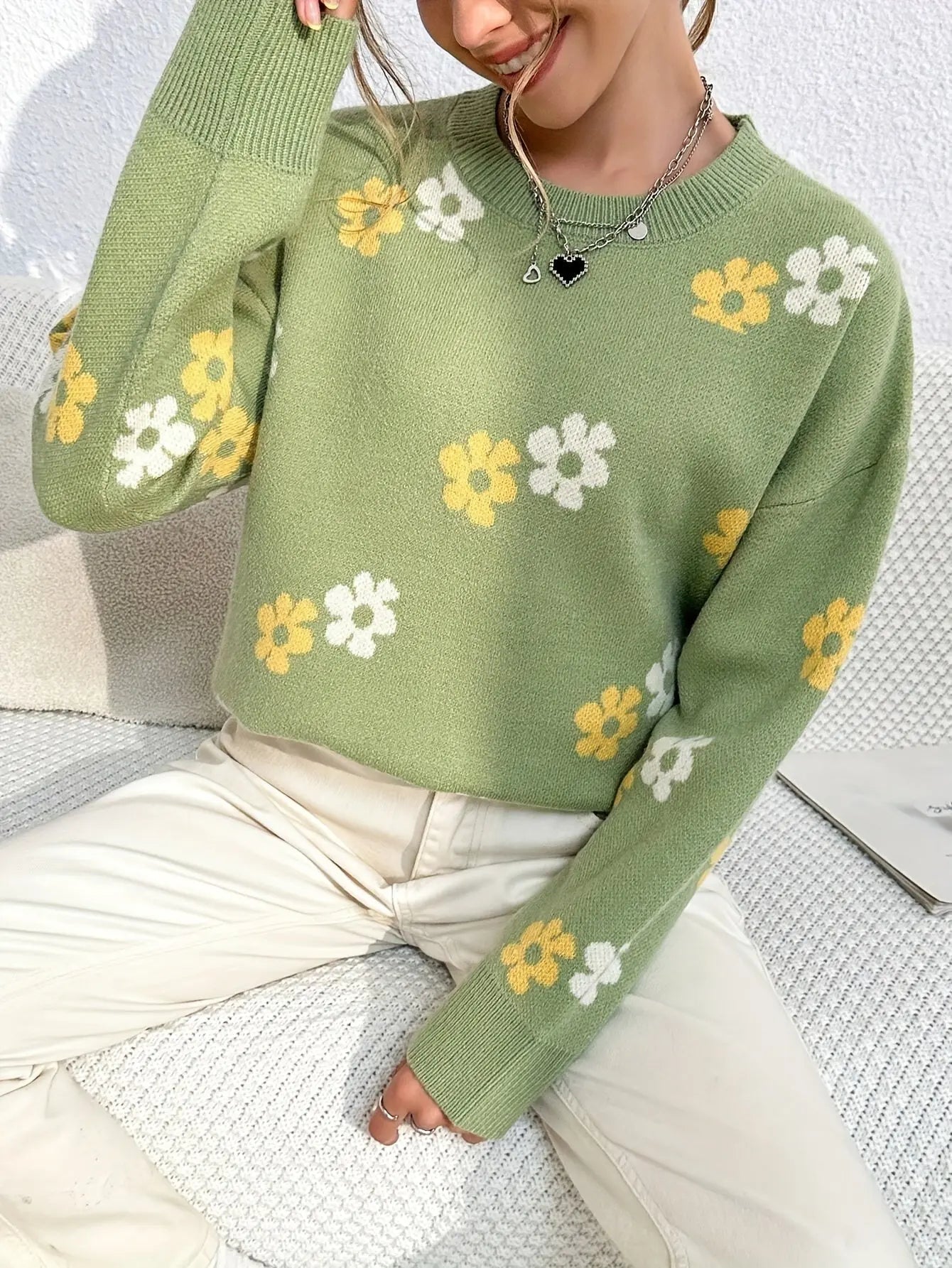 Floral Pattern Crew Neck Knitted Sweater, Casual Long Sleeve Pullover Sweater For Fall & Winter, Women's Clothing MyFave Boutique