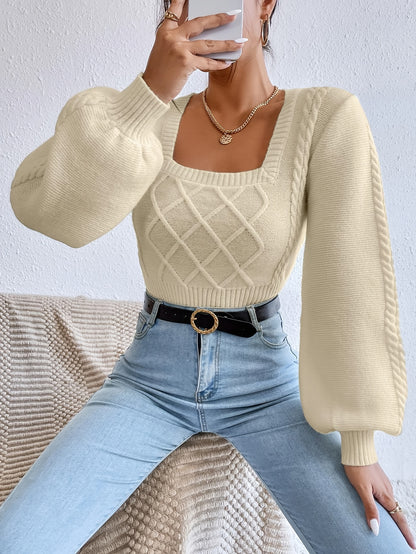 Cable Square Neck Knitted Sweater, Casual Long Sleeve Pullover Sweater For Fall & Winter, Women's Clothing MyFave Boutique