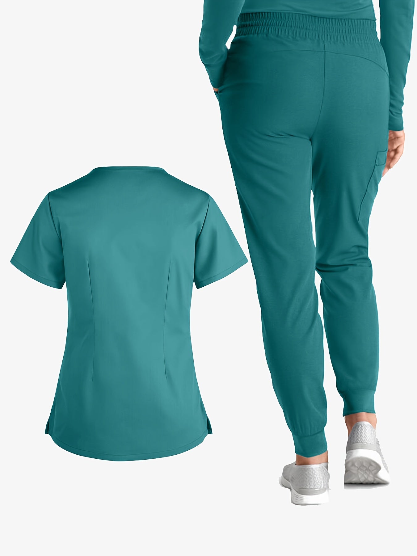 Solid Two-piece Set, Elegant V Neck Short Sleeve Scrub Top & Drawstring Pants Outfit For Medical & Health Care, Women's Clothing MyFave Boutique