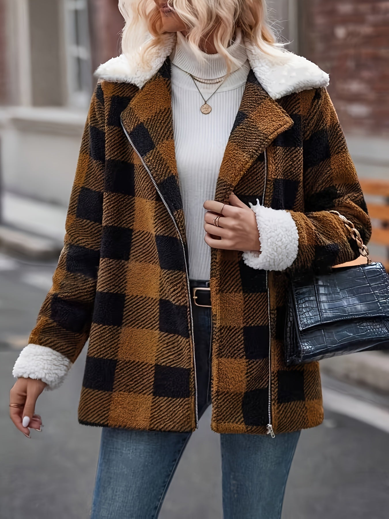 Plaid Pattern Zipper Collared Coat, Stylish Color Block Long Sleeve Coat For Fall & Winter, Women's Clothing MyFave Boutique