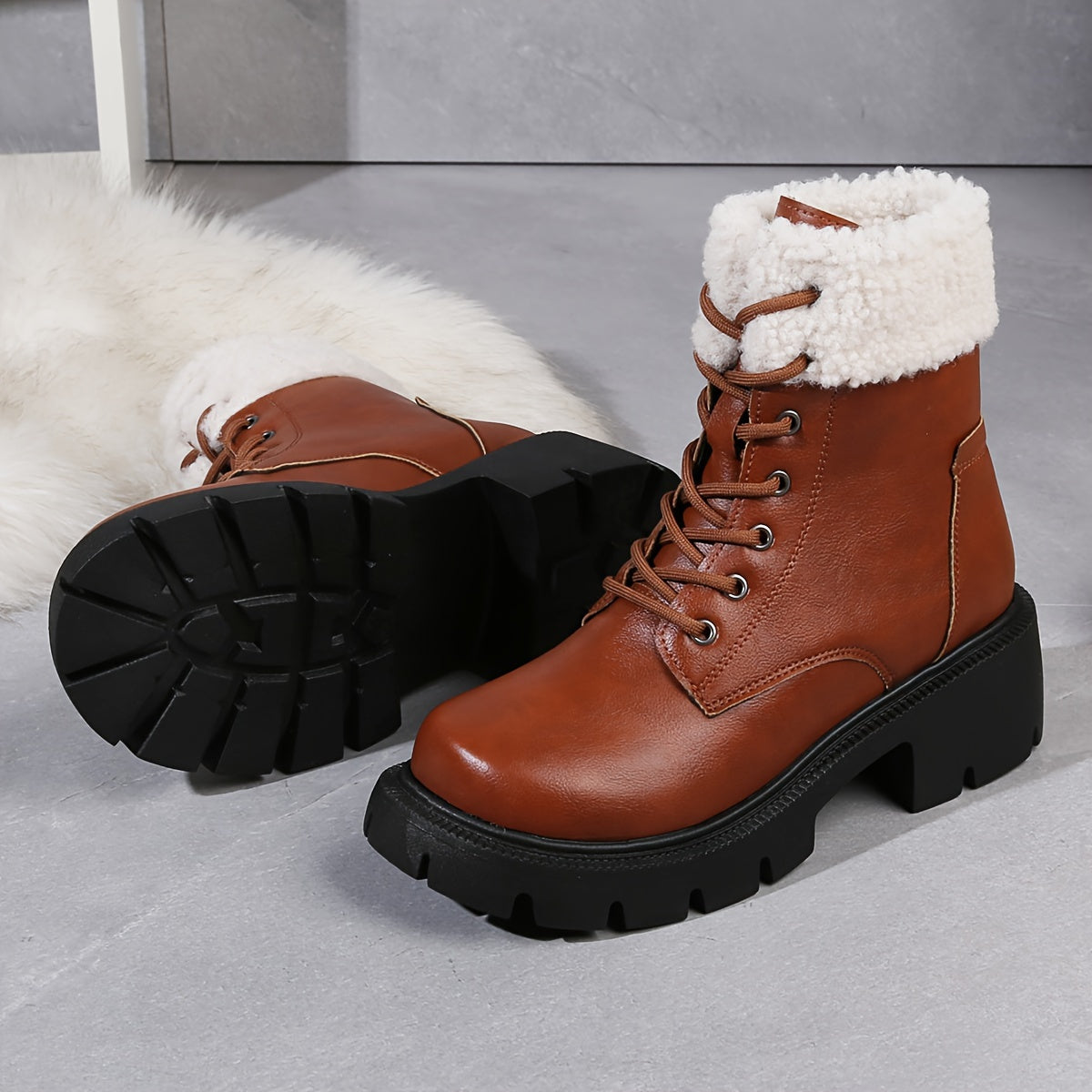 Women's Chunky Heel Combat Boots, Fashion Lace Up Plush Lined Boots, Comfortable Winter Boots MyFave Boutique