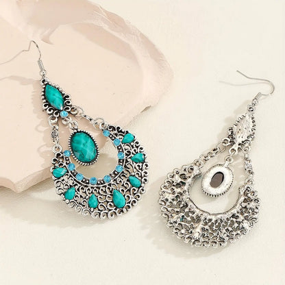 1 Pair Of Luxurious Dangle Earrings With Rhinestone And Turquoise Texture, Vintage Bohemian Style, Eye-Catching Shiny Statement Jewelry For Women MyFave Boutique