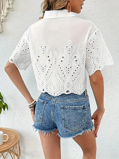 Eyelet Embroidered Button Front Shirt, Casual Short Sleeve Scallop Trim Shirt For Spring & Summer, Women's Clothing MyFave Boutique