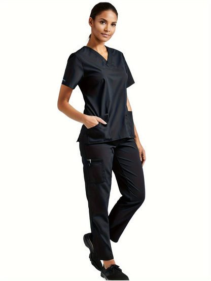 two-piece Elegant Two-Piece V-Neck Health Uniform Set - Micro Elastic Polyester, Pockets, Woven, Comfortable & Professional Women's Clothing for All Seasons MyFave Boutique