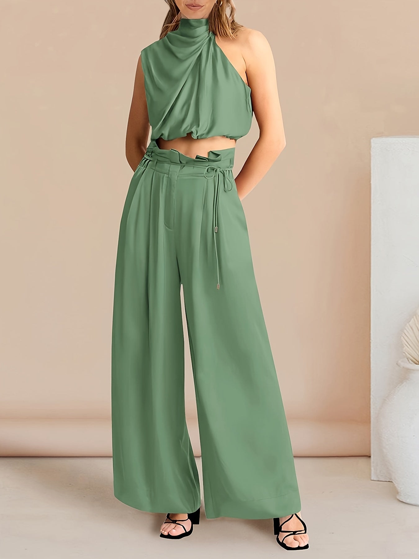 Womens 2024 Summer Sleeveless Mock Neck Crop Tops Wide Leg Pants Set MyFave Boutique