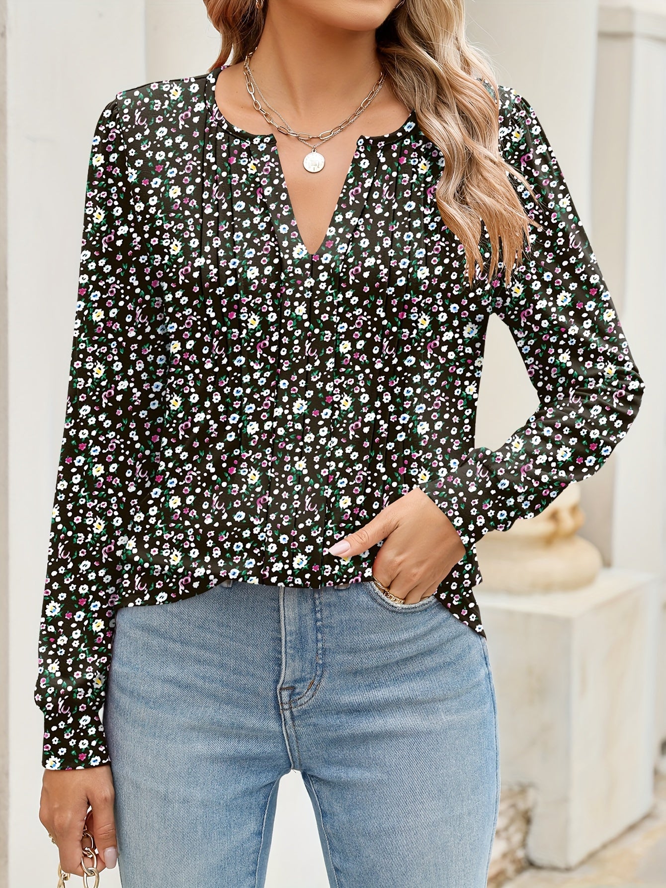 Floral Print Notched Neck Blouse, Elegant Long Lantern Sleeve Arc Hem Blouse For Spring & Fall, Women's Clothing MyFave Boutique