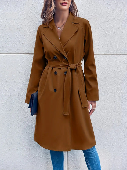 Double Breasted Trench Coat with Lapel Neck and Split Side Pockets - Women's Casual Long Sleeve Long Length Coat MyFave Boutique