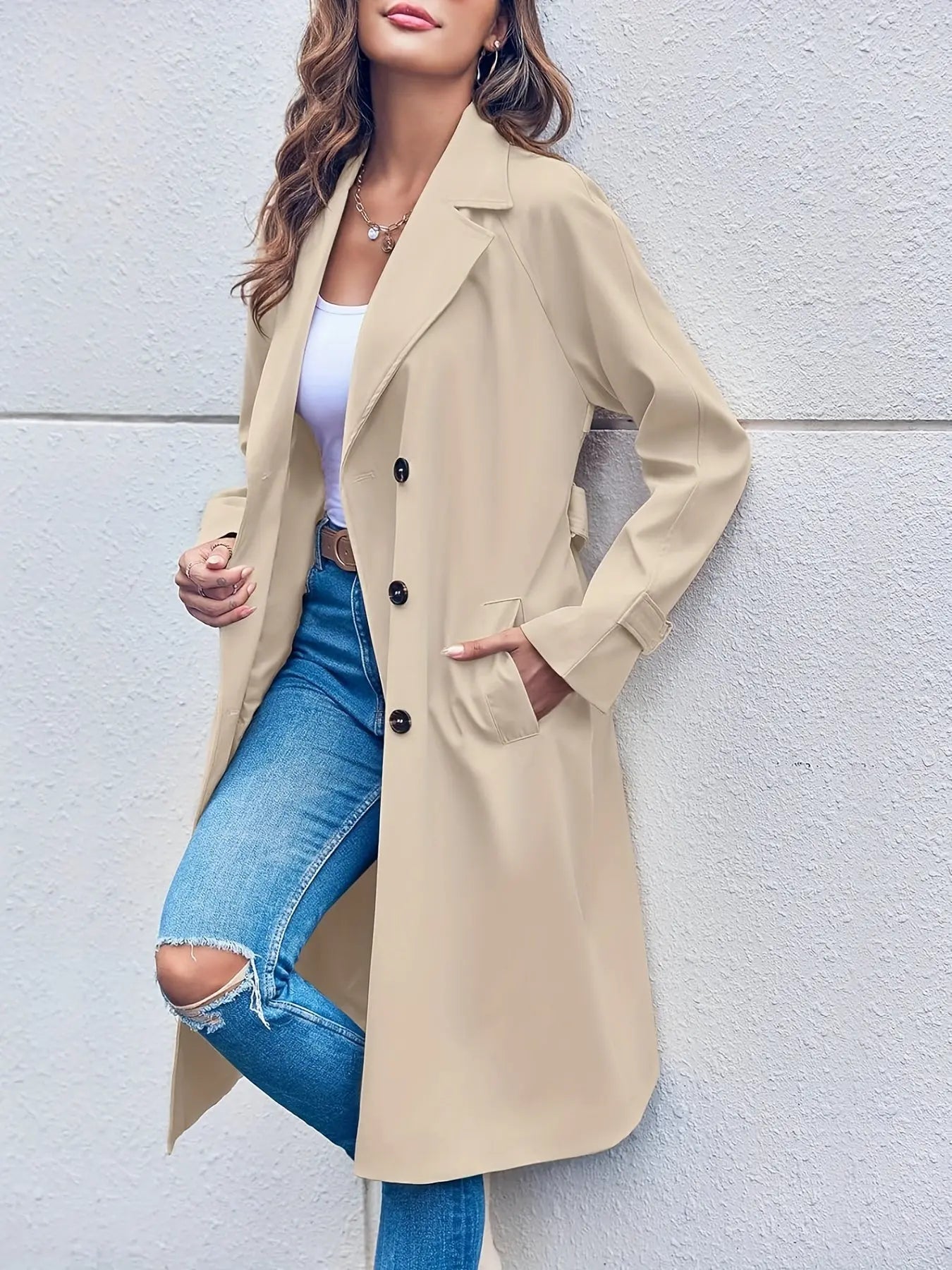 Double Breasted Trench Coat with Lapel Neck and Split Side Pockets - Women's Casual Long Sleeve Long Length Coat MyFave Boutique