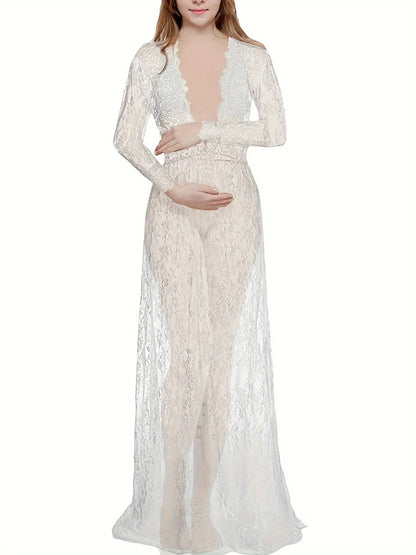 Elegant Sheer Lace Maternity Dress - V-Neck, Long Sleeve, Maxi Length with Flowy Skirt - Perfect for All Seasons MyFave Boutique