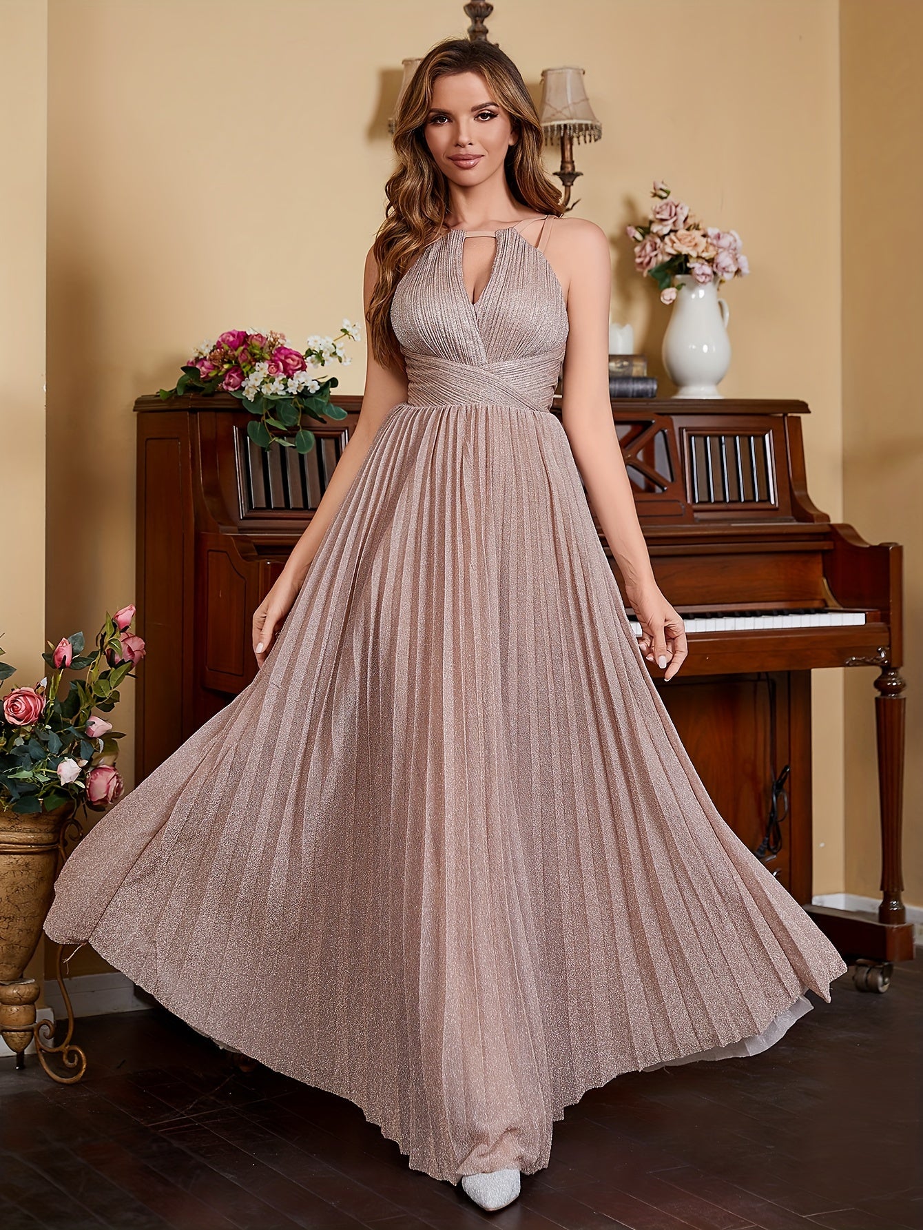 Dusty Rose Sparkly Bridesmaid Dresses Long For Women Wedding Guest Party Gowns Halter Pleated Formal Evening Party Gowns Key Hole Front A-Line Zipper Back Homeocming Dresses Long For Teens Hoco Cocktail Gowns MyFave Boutique