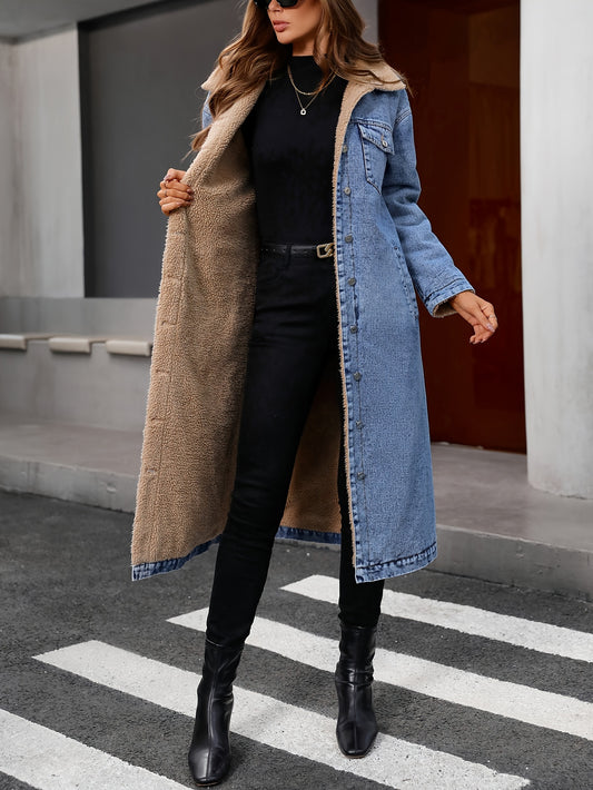 Plus Size Plush Lined Plain Washed Blue Long Sleeve Elegant Style Long Denim Jacket Coat For Winter, Women's Denim Jeans & Clothing MyFave Boutique