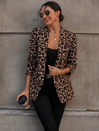 Leopard Print Open Front Blazer, Elegant Lapel Neck Long Sleeve Blazer For Office & Work, Women's Clothing MyFave Boutique