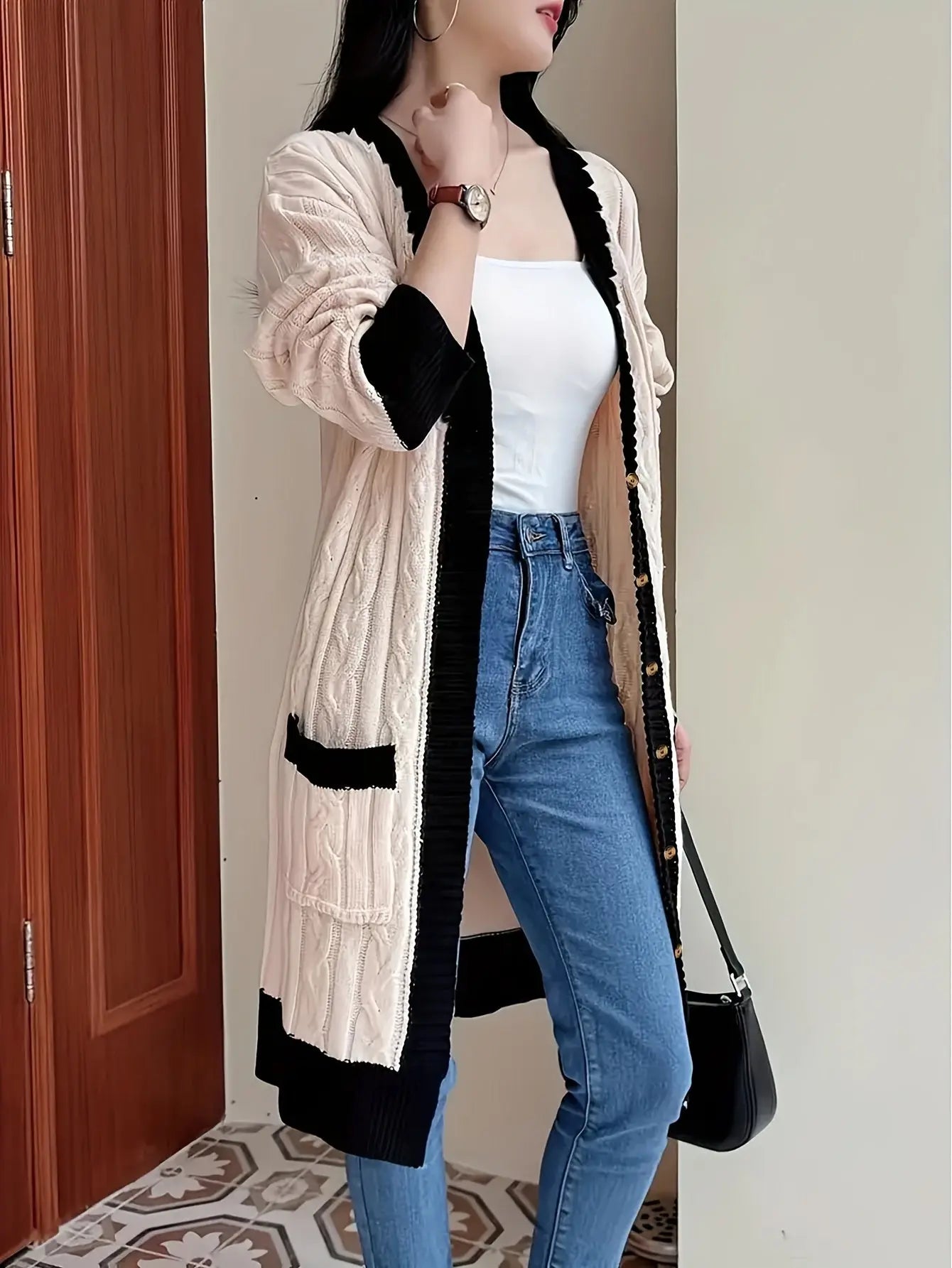 Contrast Trim Button Front Cardigan, Elegant Long Sleeve Pocket Mid-length Cardigan For Spring & Fall, Women's Clothing MyFave Boutique