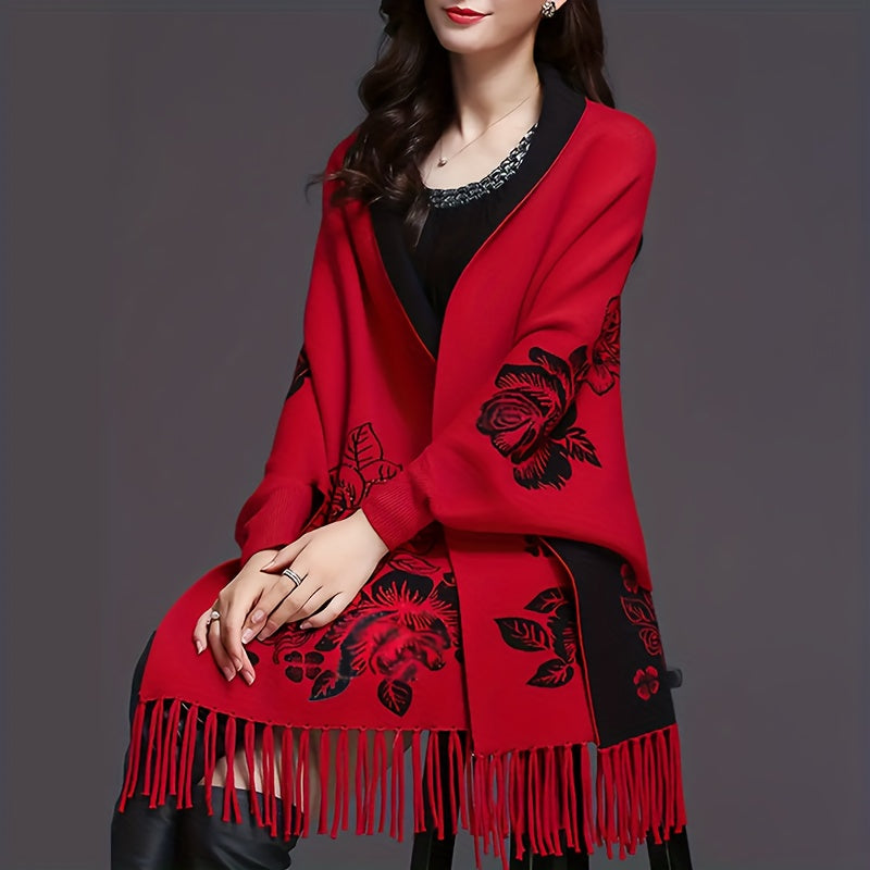 Chic Reversible Jacquard Shawl Cardigan - Women's Windproof Warm Cape for Fall & Winter, Machine Washable MyFave Boutique