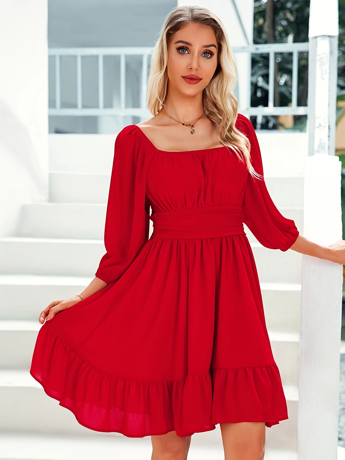 Square Neck Bow Backless Mini Dress with Cute Lantern Sleeves and Ruffle Hem - Women's Clothing MyFave Boutique