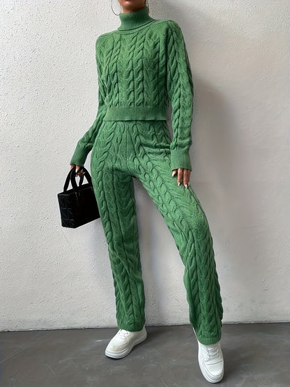 Cable Knit Solid Color Elegant Set, Turtle Neck Long Sleeve Sweater & Straight Leg Pants, Women's Clothing MyFave Boutique