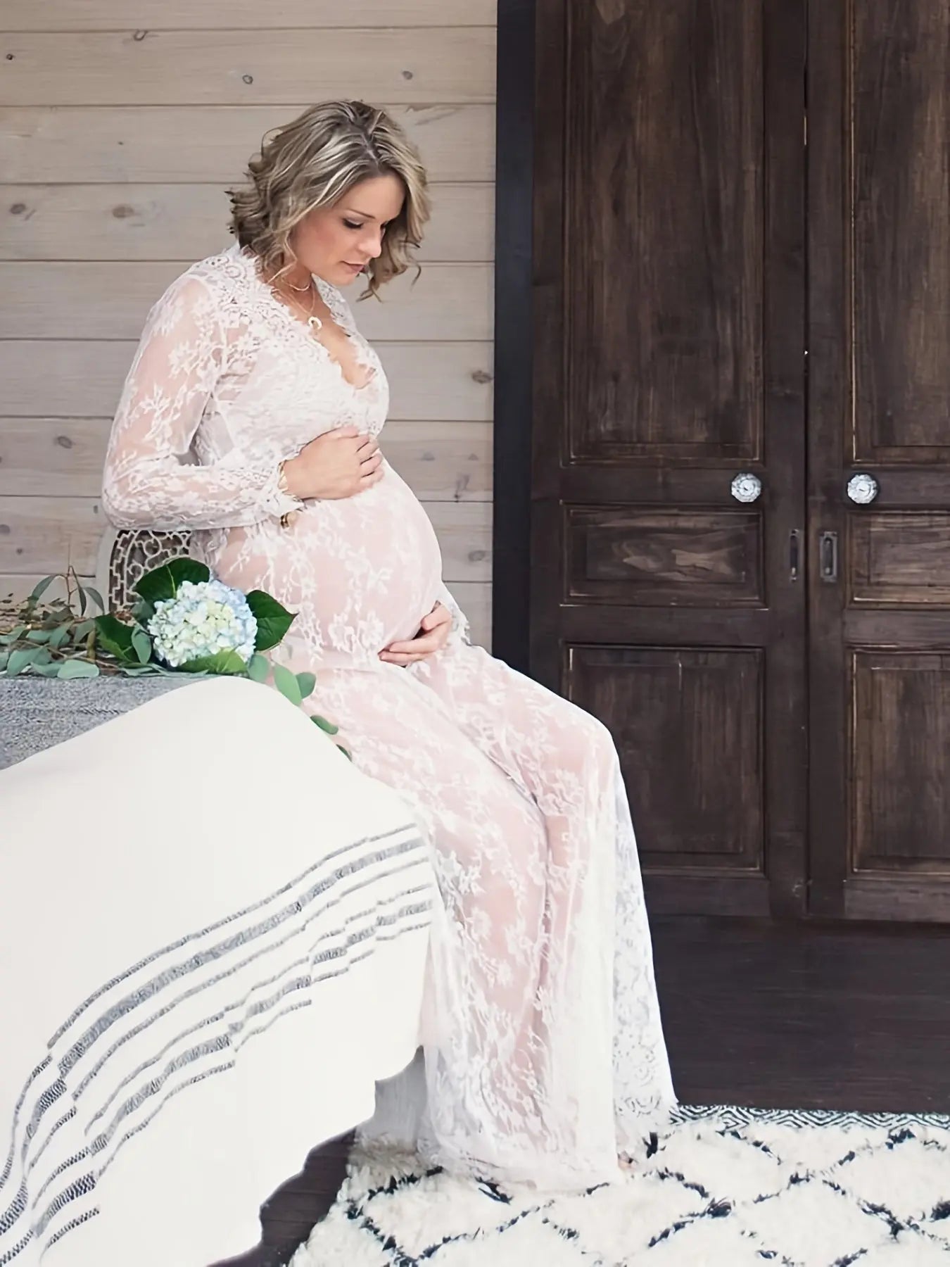 Elegant Sheer Lace Maternity Dress - V-Neck, Long Sleeve, Maxi Length with Flowy Skirt - Perfect for All Seasons MyFave Boutique