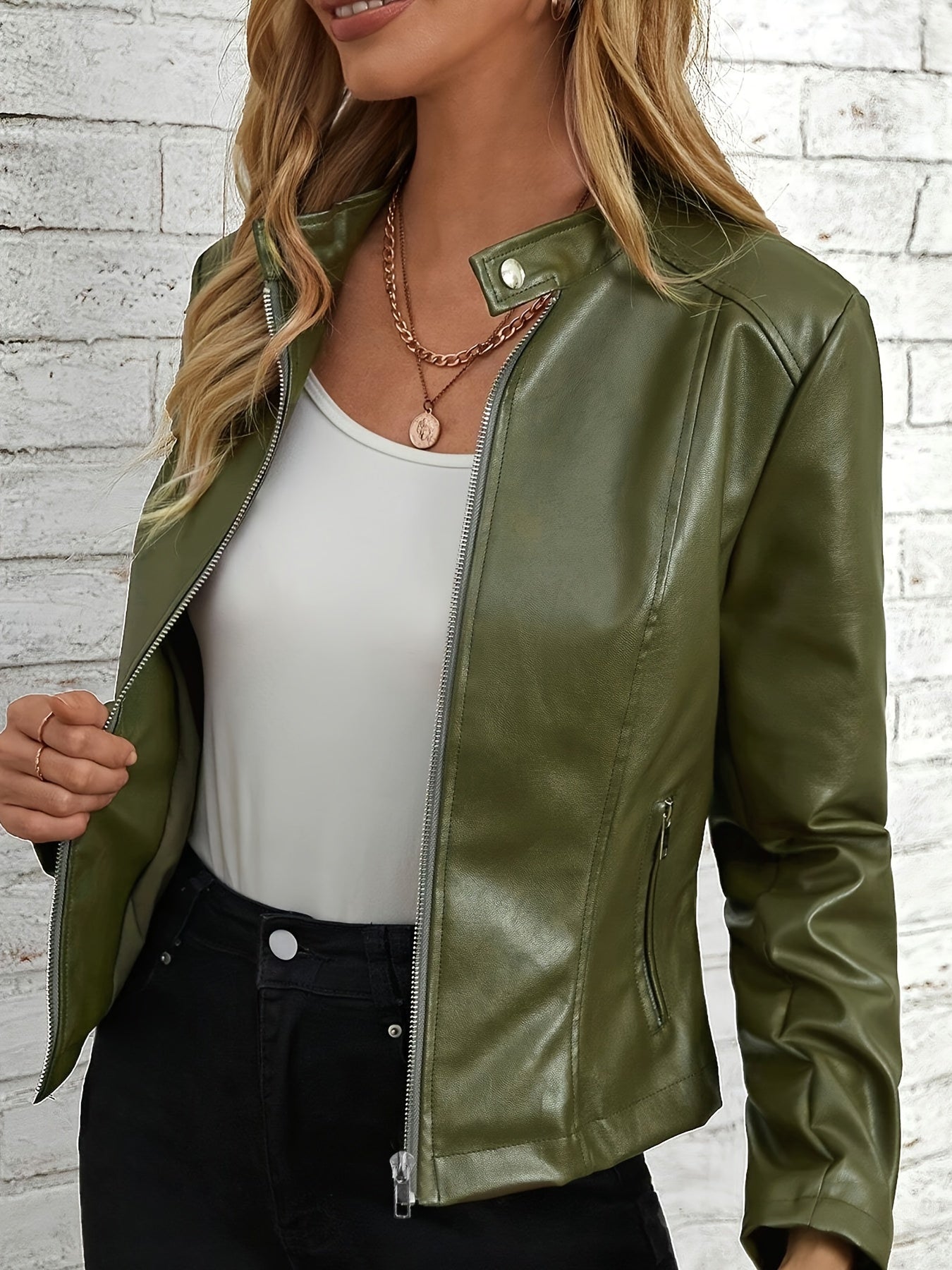 Faux Leather Zip-up Jacket, Stylish Long Sleeve Pockets Biker Jacket For Spring & Fall, Women's Clothing MyFave Boutique