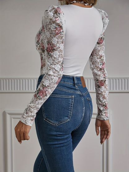 Elegant Floral Bodysuit - Delicate Lace Insert, Puffy Long Sleeves, Sweetheart Neckline - Exquisite Womens Clothing for Special Occasions MyFave Boutique