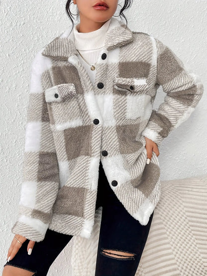 Plaid Pattern Button Front Jacket - Long Sleeve Warm Outerwear for Fall & Winter - Women's Clothing MyFave Boutique