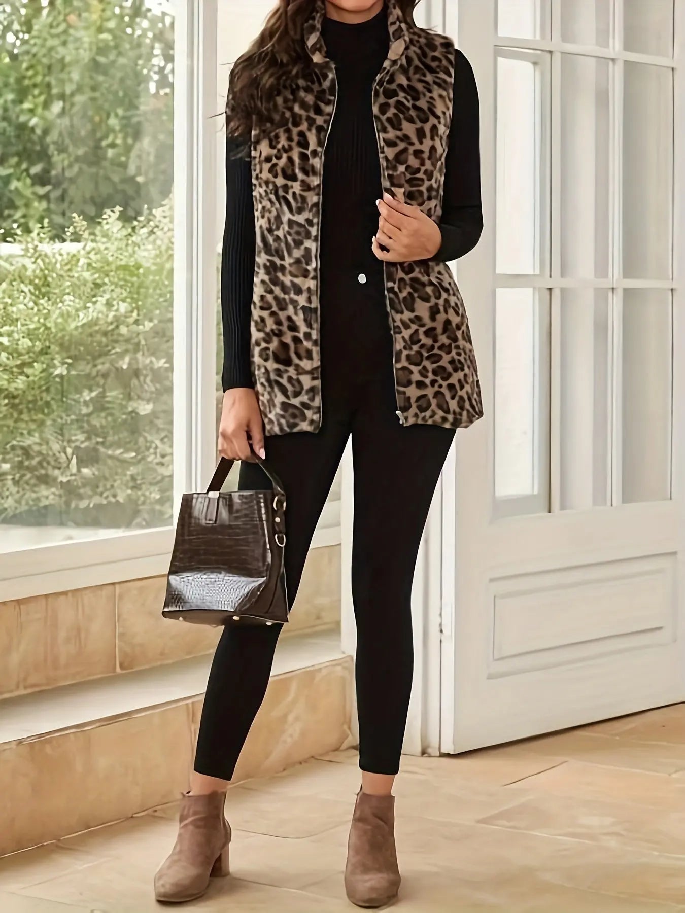 Women's Faux Fur Vest, Elegant Leopard Print, Zippered Open Front, Sleeveless, Polyester, Knit Fabric, with Pockets, for Fall/Winter, Adult Size MyFave Boutique