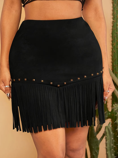 Studded Detail Tassel Hem Bodycon Skirt, Elegant High Waist Mini Skirt For Spring & Summer, Women's Clothing MyFave Boutique