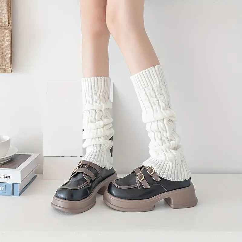 1 pair Retro Cable Knitted Knee High Socks for Women, Solid Color Leg Warmers, All-Match Stockings MyFave Boutique