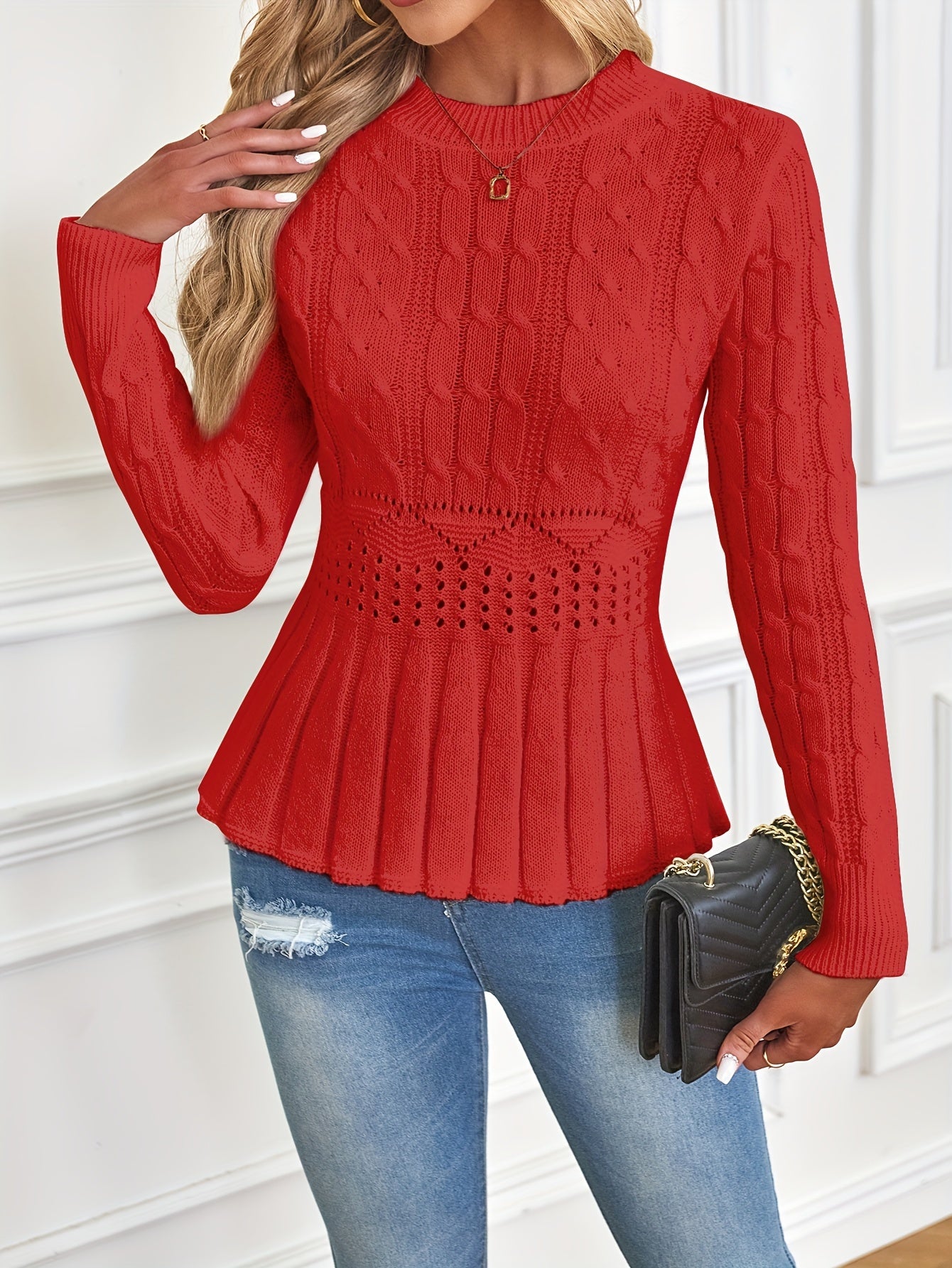 Women's Solid Cable Knit Crew Neck Sweater - Warm and Stylish for Fall and Winter MyFave Boutique