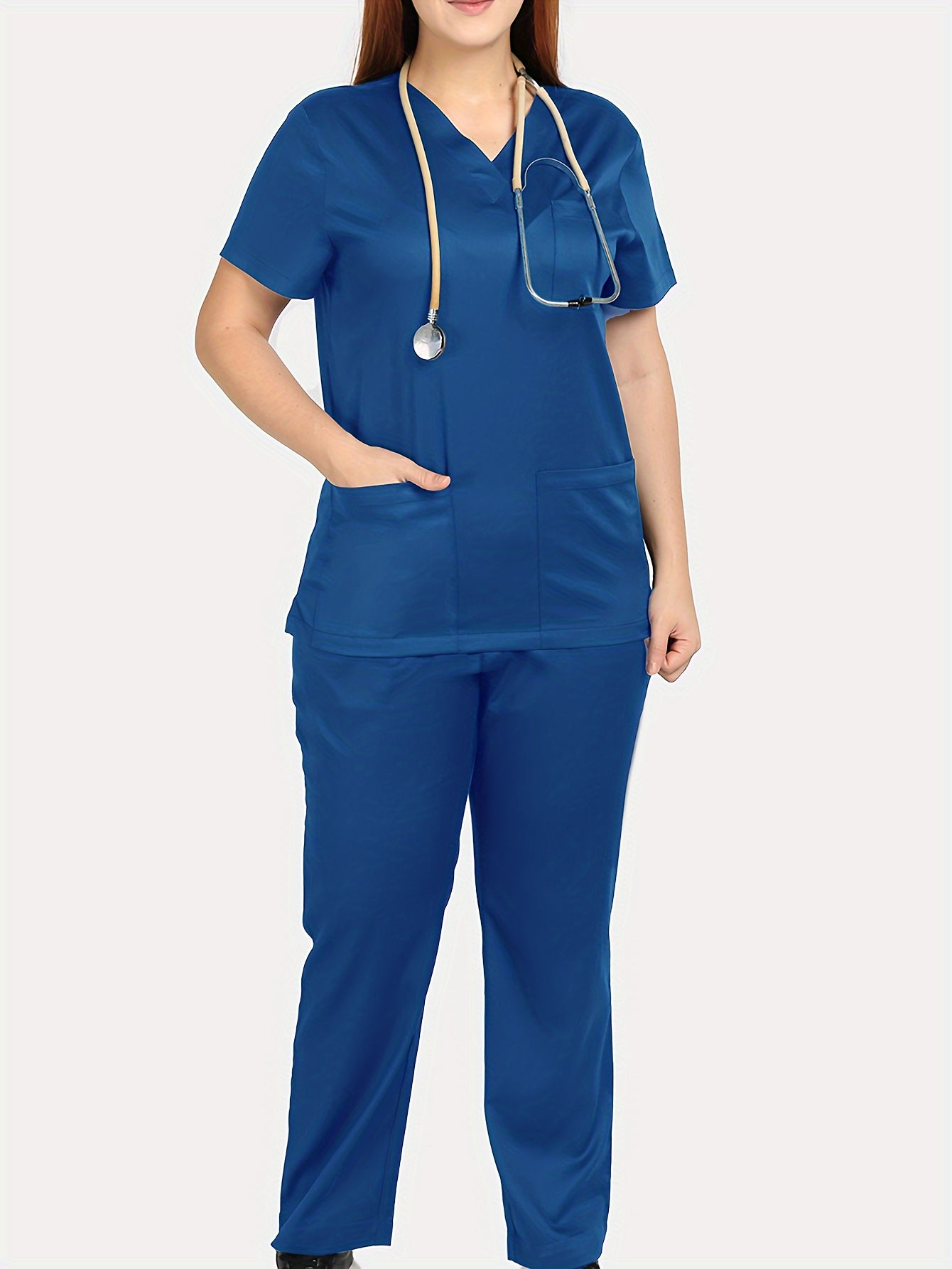 Functional Two-piece Set, V Neck Short Sleeve Pockets Uniforms Top & Straight Leg Pants, Women's Clothings MyFave Boutique