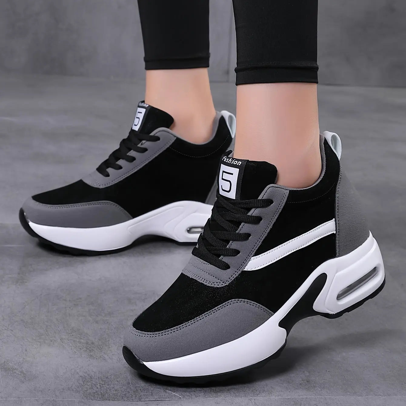 Women's Height-Boosting Lace-Up Sneakers with Air Cushioning and Pu Upper MyFave Boutique