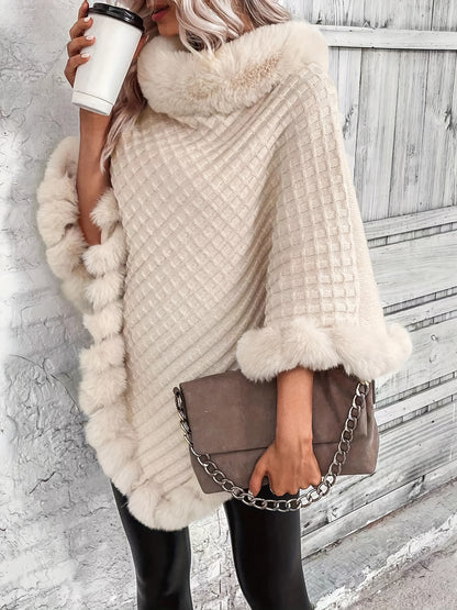 Solid Waffle Grid Fuzzy Trim Poncho, Elegant Thermal Hanky Hem Crew Neck Cape For Fall & Winter, Women's Clothing MyFave Boutique