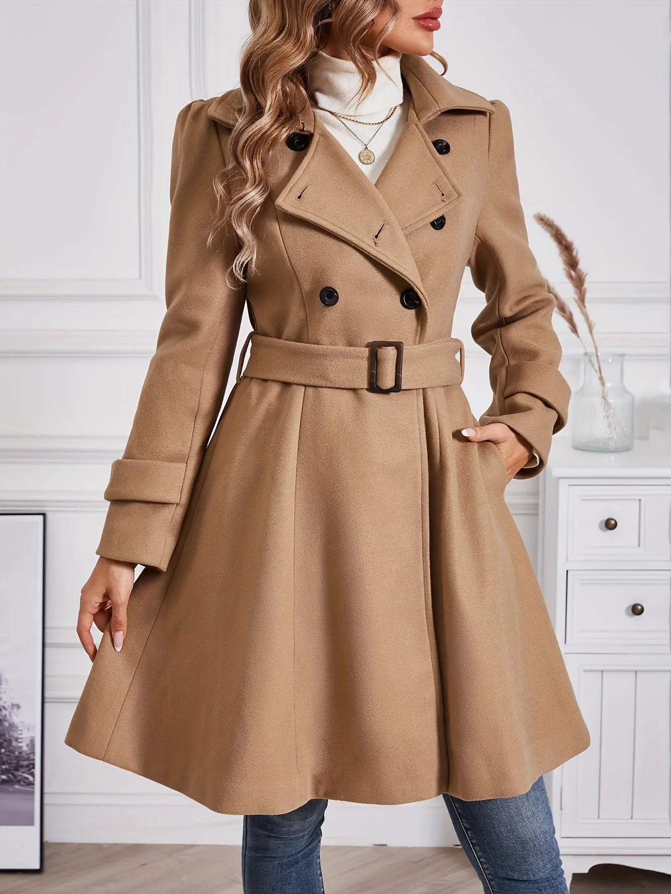 Double-Breasted Wool Belted Coat for Women, Elegant Long Sleeve Fall Winter Coat MyFave Boutique