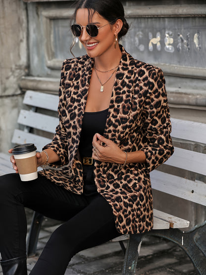 Leopard Print Open Front Blazer, Elegant Lapel Neck Long Sleeve Blazer For Office & Work, Women's Clothing MyFave Boutique