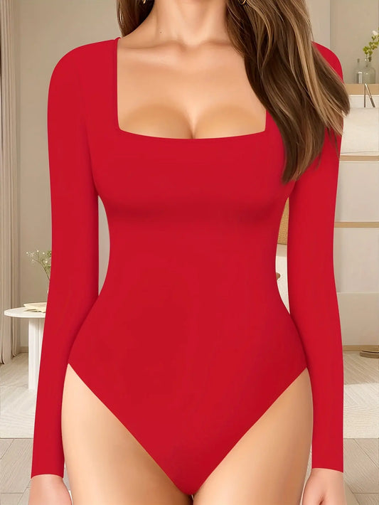 Solid Color Square Neck Bodysuit, Sexy Long Sleeve Bodysuit For Spring & Fall, Women's Clothing MyFave Boutique