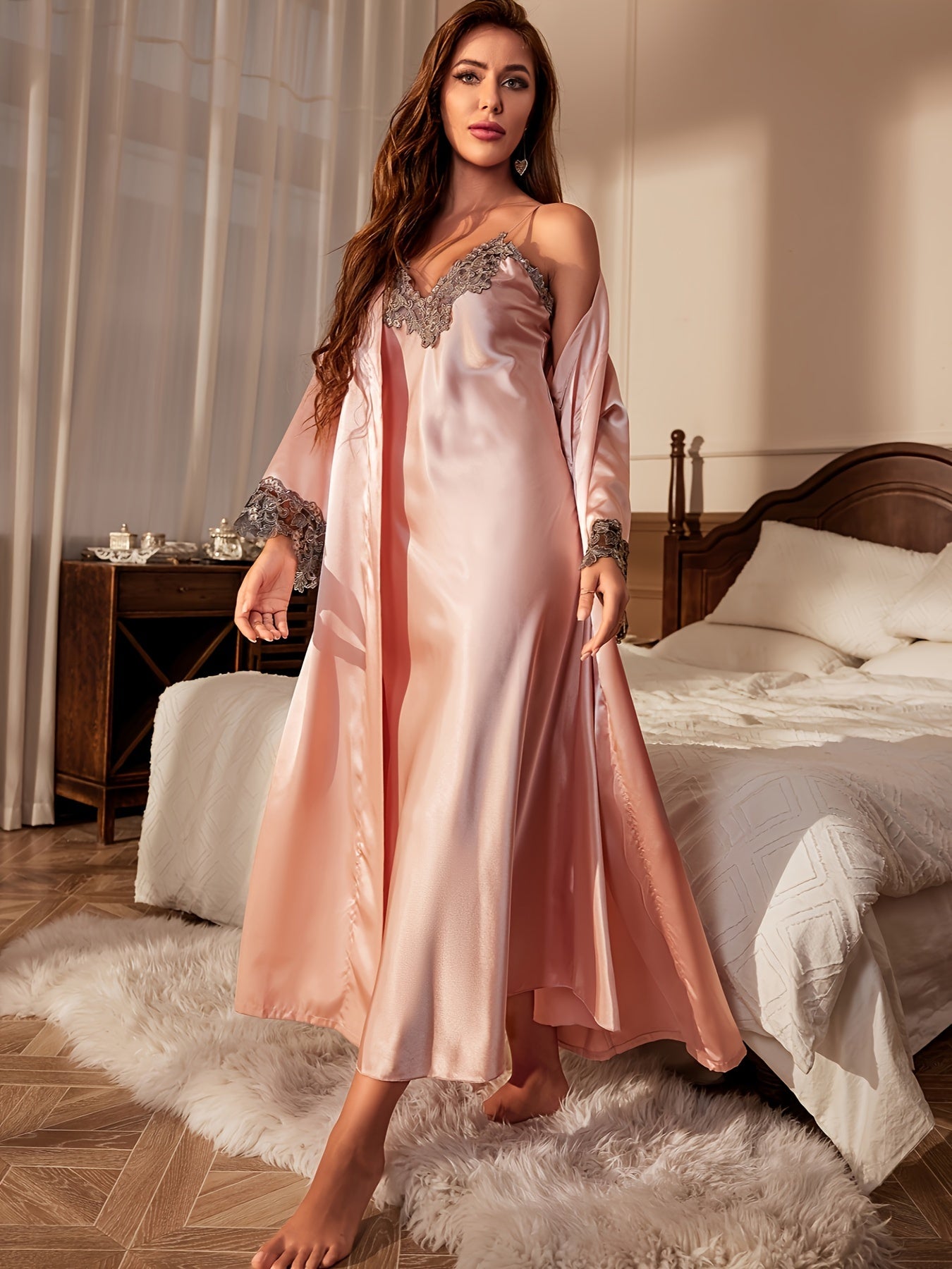 Luxurious Contrast Lace Satin Pajama Set with Long Sleeve Robe, Belt, and V-Neck Slip Dress - Perfect Women's Sleepwear and Loungewear for Ultimate Comfort and Style MyFave Boutique