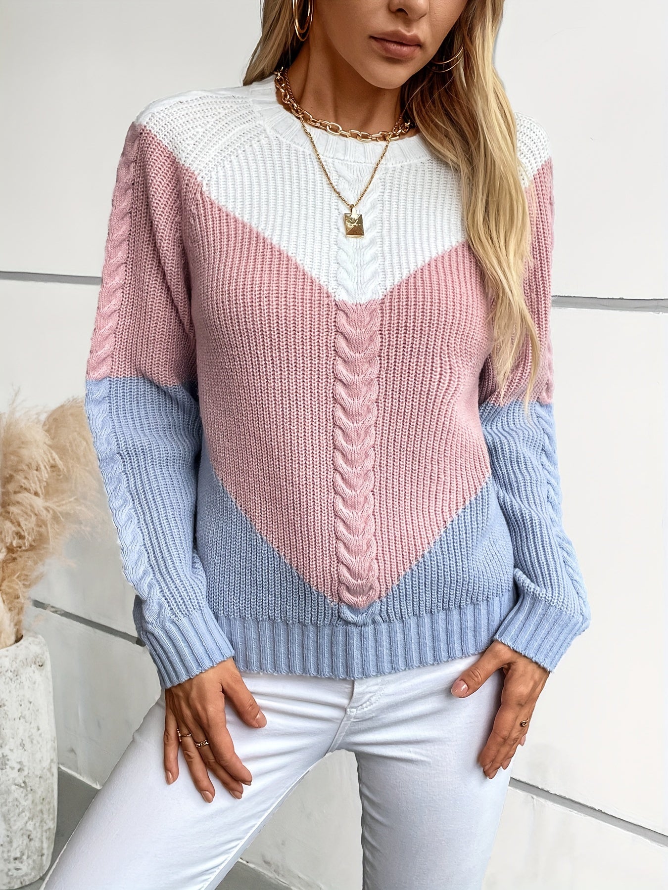 Color Block Crew Neck Pullover Sweater, Casual Long Sleeve Knitted Sweater For Fall & Winter, Women's Clothing MyFave Boutique