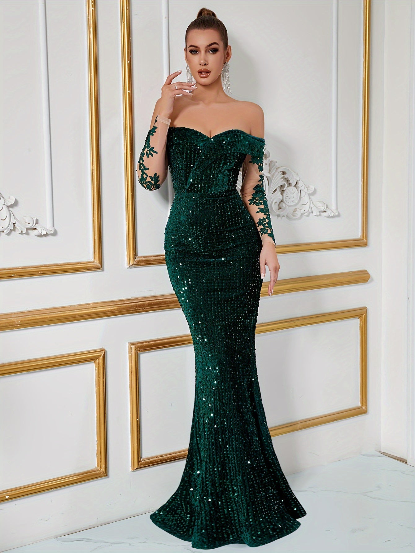 Elegant Sequined Off-Shoulder Long Sleeve Embroidered Mermaid Gown for Women, Polyester Fabric, Solid Color, Bodycon Fit, Adult Bridal Party Dress, Knit Construction MyFave Boutique