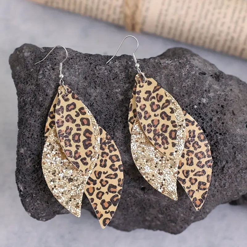 Vintage Triple Leopard PU Leather Sequin Layer Earrings MyFave Boutique