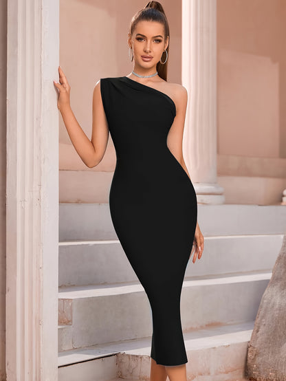 One-shoulder Tucked Sheath Dress, Elegant Cap Sleeve Slim Midi Dress For Party & Banquet, Women's Clothing MyFave Boutique