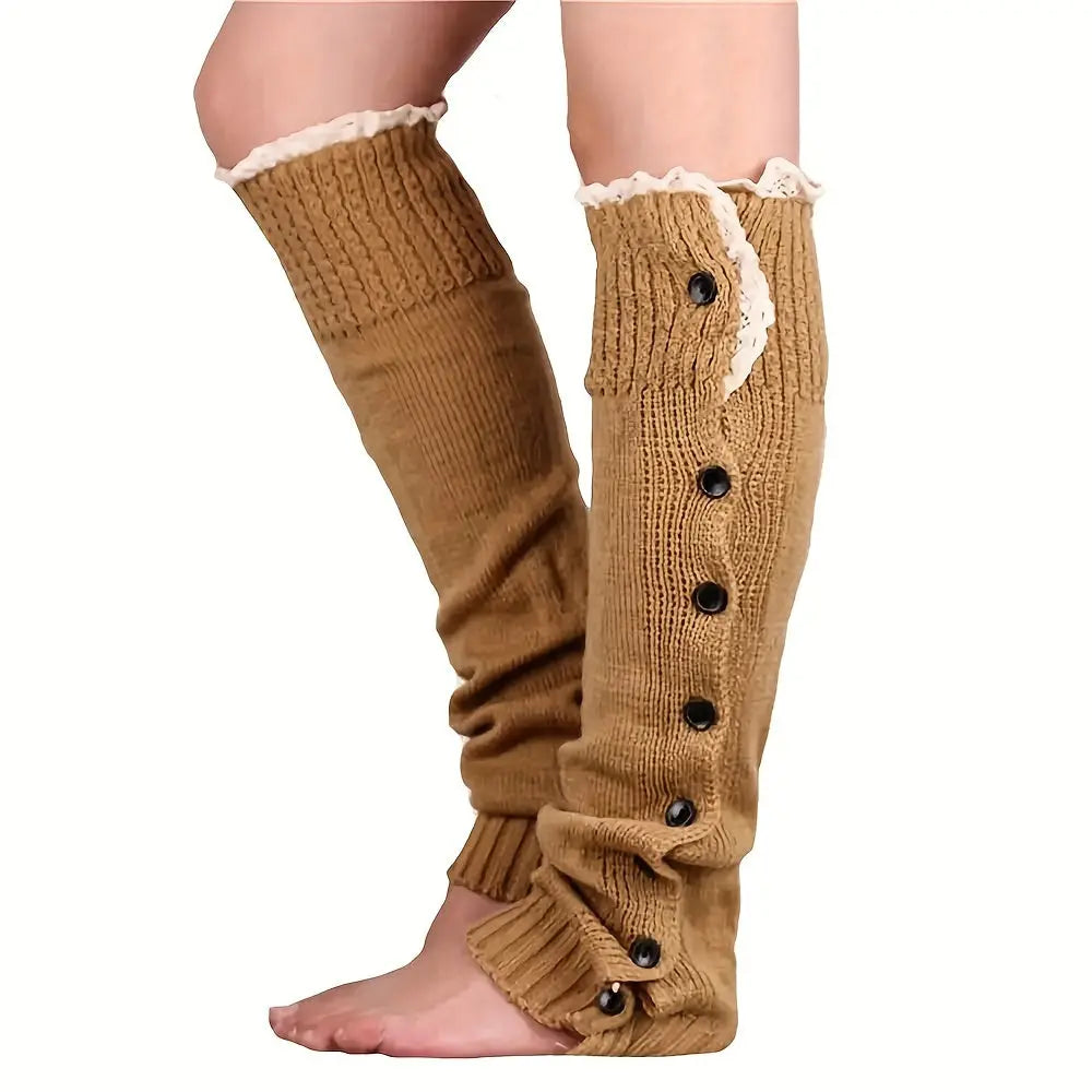 Women's Cashmere Blend Leg Warmers - 1 Pair High Elasticity Knee-Length Knitted Leg Warmers with Lace Detail, Machine Washable, Solid Color Footless Design MyFave Boutique