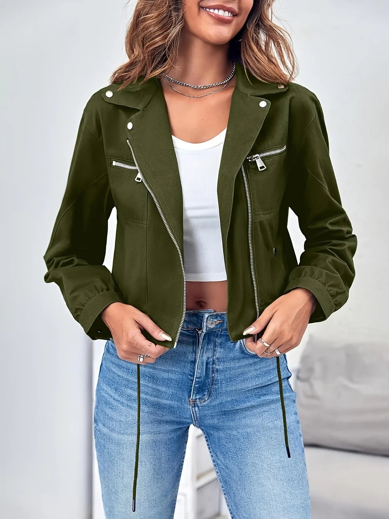 Zip Up Drawstring Crop Jacket, Casual Lapel Neck Long Sleeve Jacket For Spring & Fall, Women's Clothing MyFave Boutique