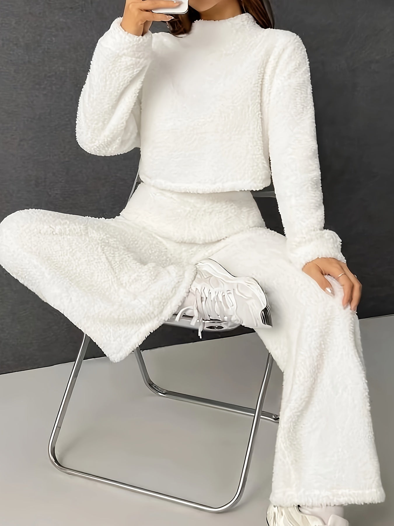 Solid Color Faux Fur Matching Two-piece Set, Casual Mock Neck Drop Shoulder Long Sleeve Sweatshirt & Loose Straight Leg Pants For Fall & Winter, Women's Clothing MyFave Boutique