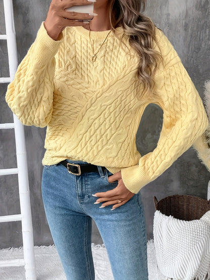 Cable Knit Crew Neck Sweater, Casual Solid Color Long Sleeve Sweater For Fall & Winter, Women's Clothing MyFave Boutique