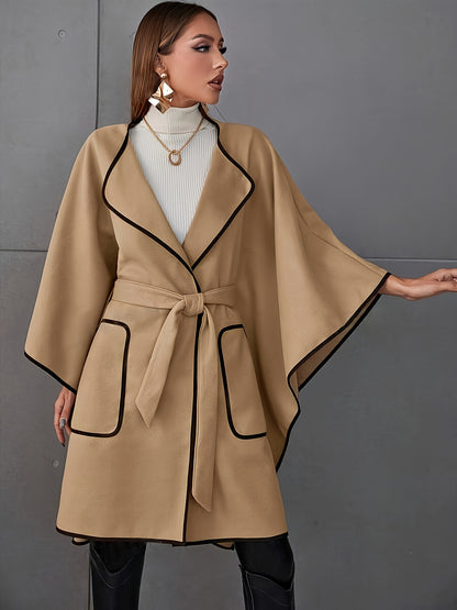 Contrast Trim Wrap Belted Lapel Coat, Elegant Long Batwing Sleeve Dual Pockets Longline Coat For Fall & Winter, Women's Clothing MyFave Boutique