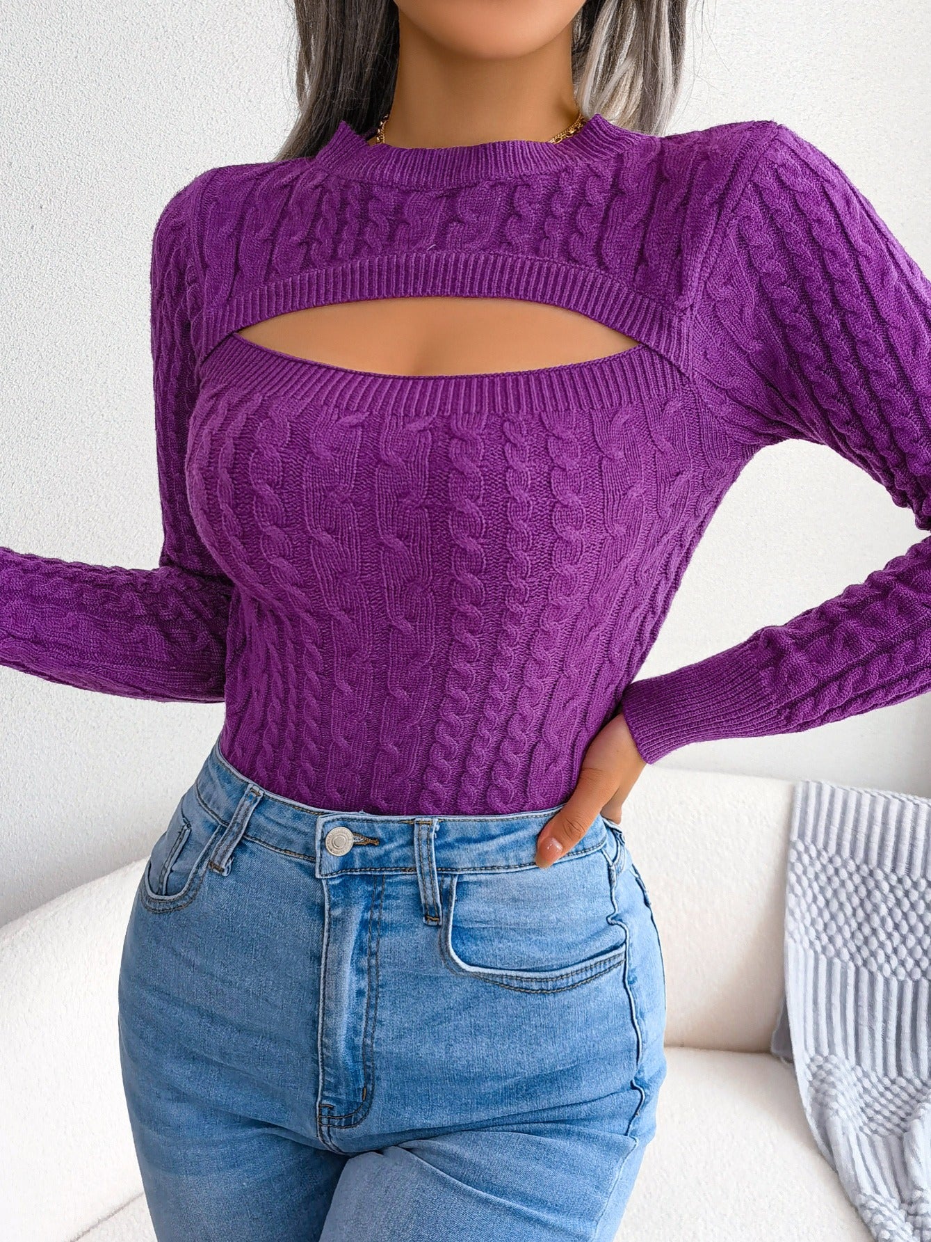 Hollow Twist Knit Sweater Casual Solid Crew Neck Slim Long Sleeve Bottoming Fall Winter Sweater Women's Clothing MyFave Boutique