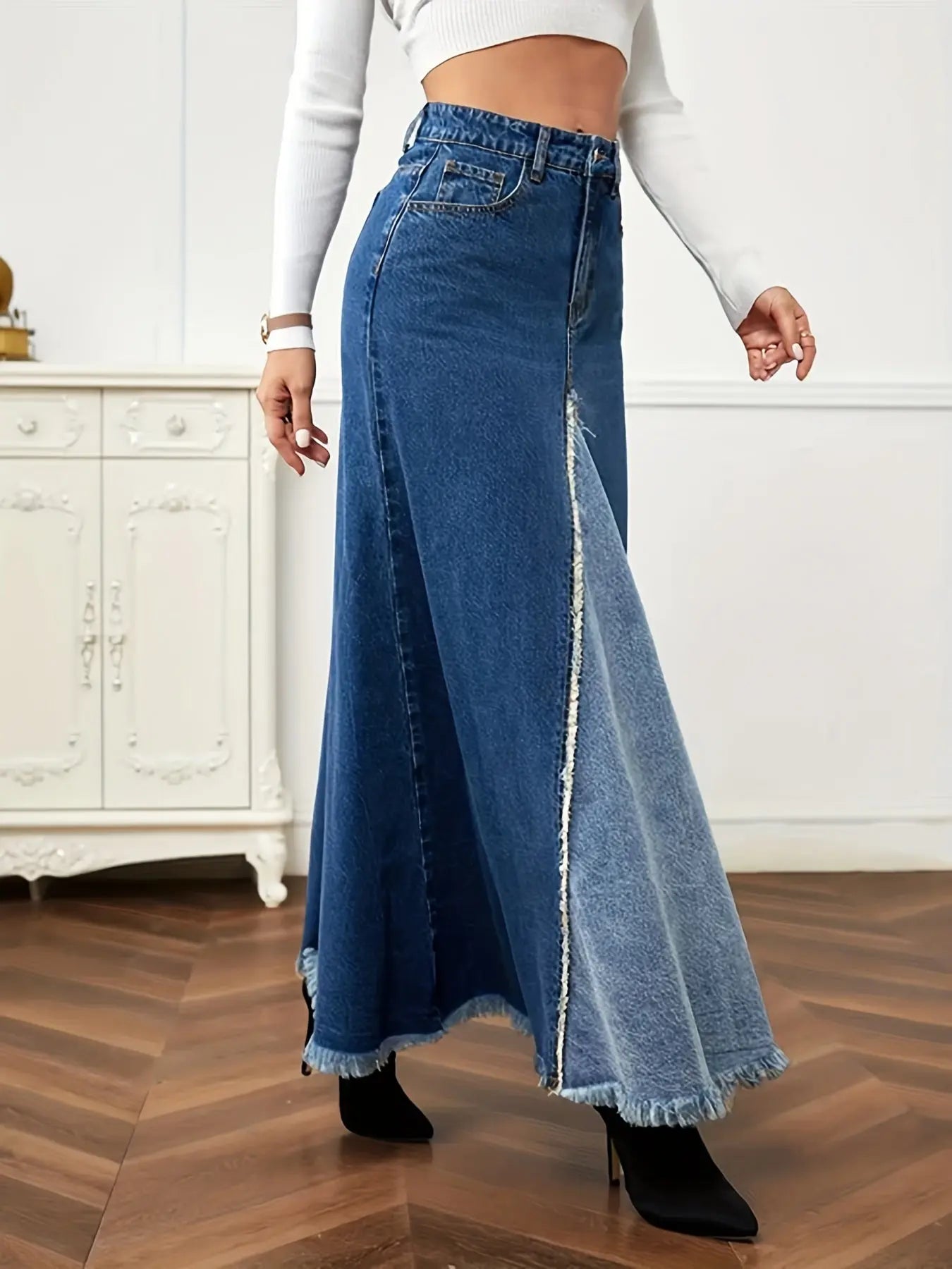 Two Tone Patchwork Denim Midi Skirt, Frayed Hem Slant Pockets Chic Denim Skirt, Women's Denim Clothing MyFave Boutique