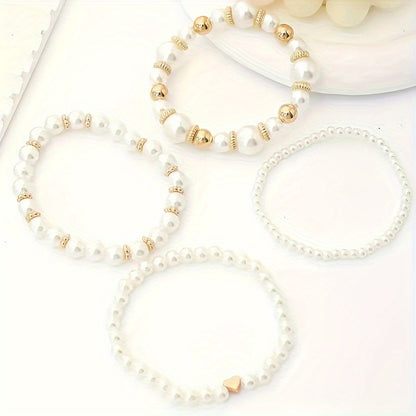 Elegant 4-Piece White Faux Pearl Beaded Bracelet Set - Handcrafted and Adjustable, in Bohemian & Vacation Style - Timeless Dainty Jewelry, Perfect for Any Occasion MyFave Boutique