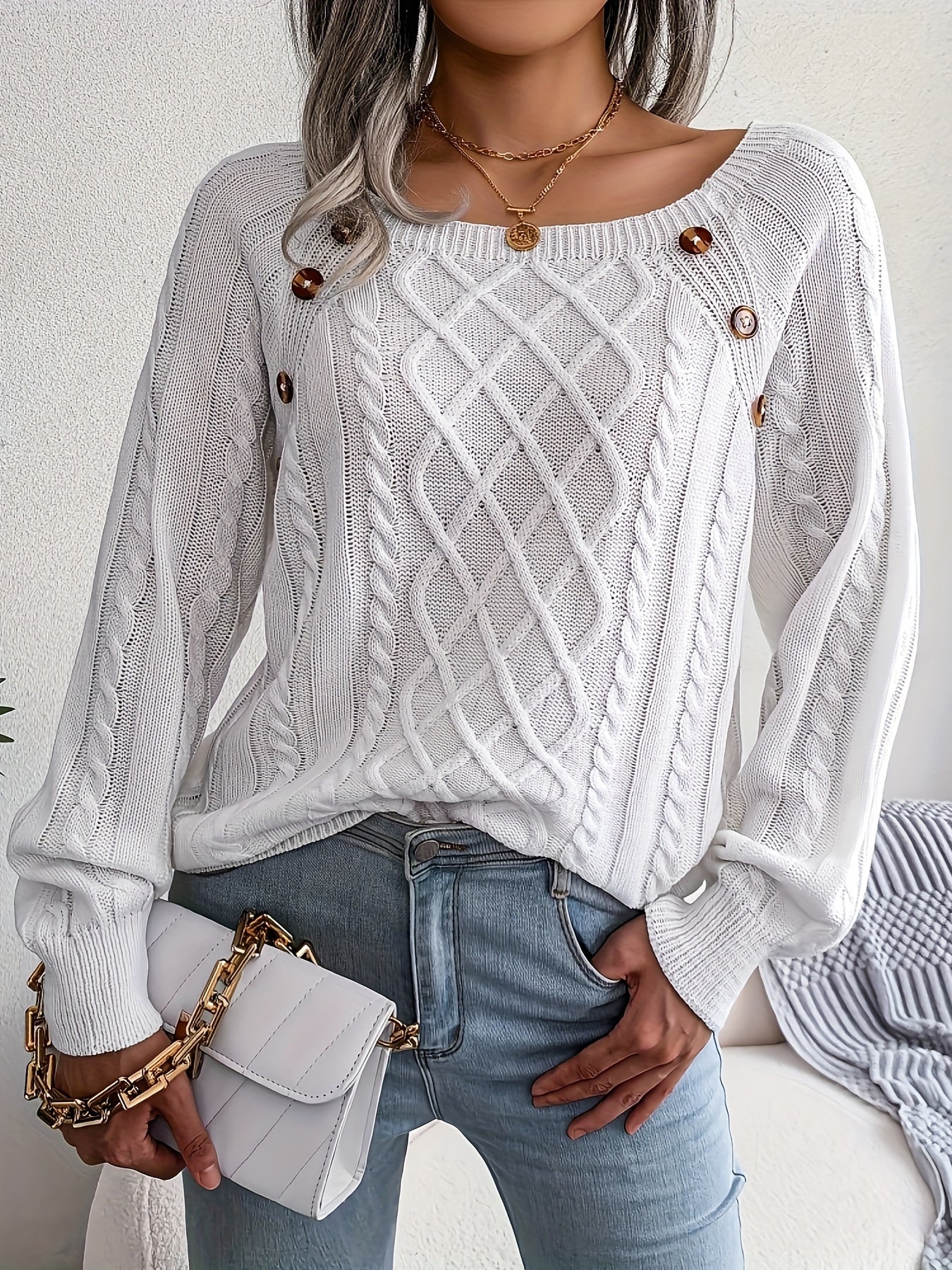 Knit Pullover Sweater with Casual Square Collar and Button Twist for Autumn/Fall MyFave Boutique