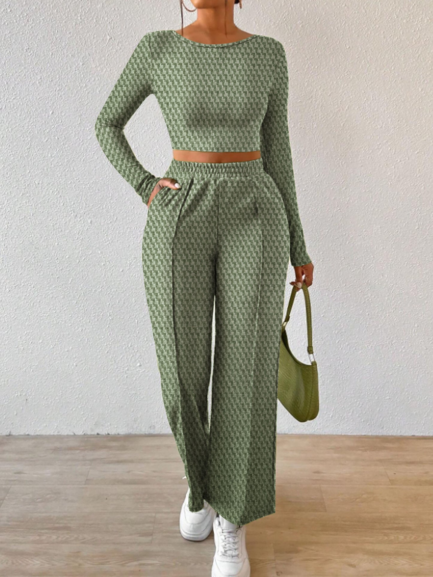 Solid Color Elegant Set, Crew Neck Long Sleeve Top & Pocket Pintuck Straight Leg Pants, Women's Clothing MyFave Boutique